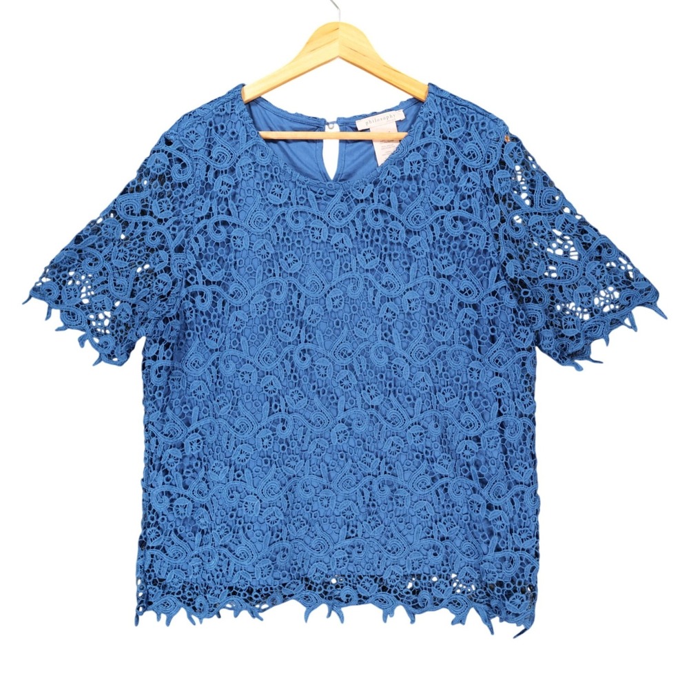 Philosophy Lace Top Womens XXL Blue Polyester Short Sleeve Scalloped Boho Blouse